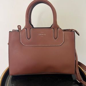 NEW London Fog cognac vegan leather satchel, interior zip pockets, great bag!